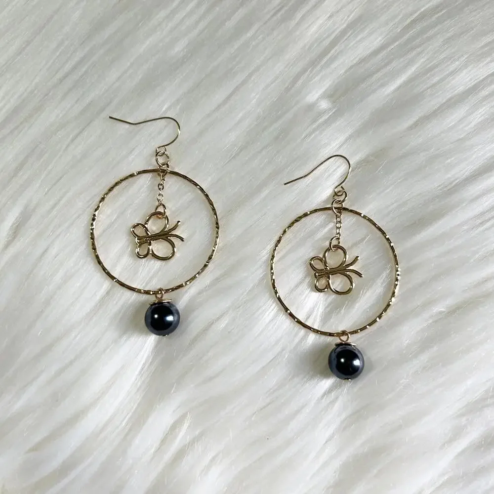 Gold Plated Butterfly Tahitian Pearl Floral Hawaiian Dangle Hoops Earrings - Picture 1 of 2